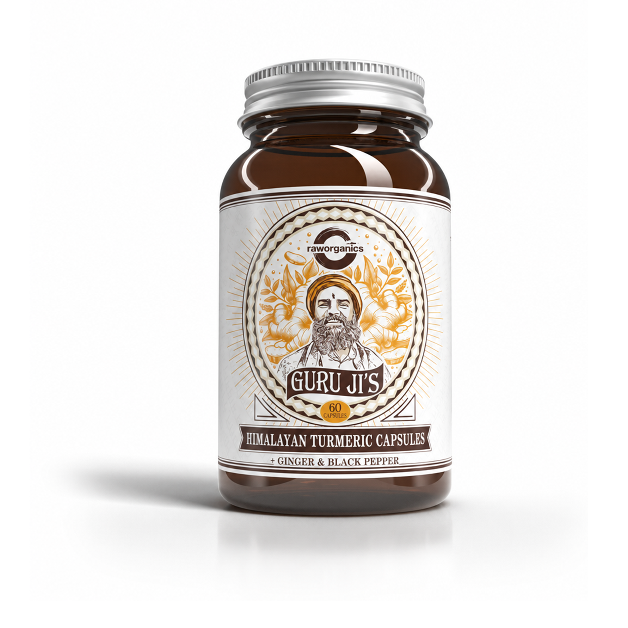 Guru Ji's Kurkuma - aktuelle Glasflasche mit englischem Etikett; Abbildung einer Flasche, Angebot enthält drei Flaschen