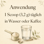 Infografik Anwendung: 1 Scoop (3,2 g) täglich in Wasser oder Kaffee einrühren