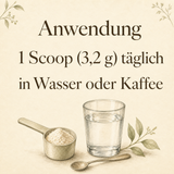 Infografik Anwendung: 1 Scoop (3,2 g) täglich in Wasser oder Kaffee einrühren
