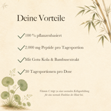 Infografik: Deine Vorteile – 100 % pflanzenbasiert, 2.000 mg Peptide pro Tagesportion, mit Gotu Kola & Bambusextrakt, 30 Tagesportionen pro Dose. Vitamin C trägt zu einer normalen Kollagenbildung für eine normale Funktion der Haut bei.
