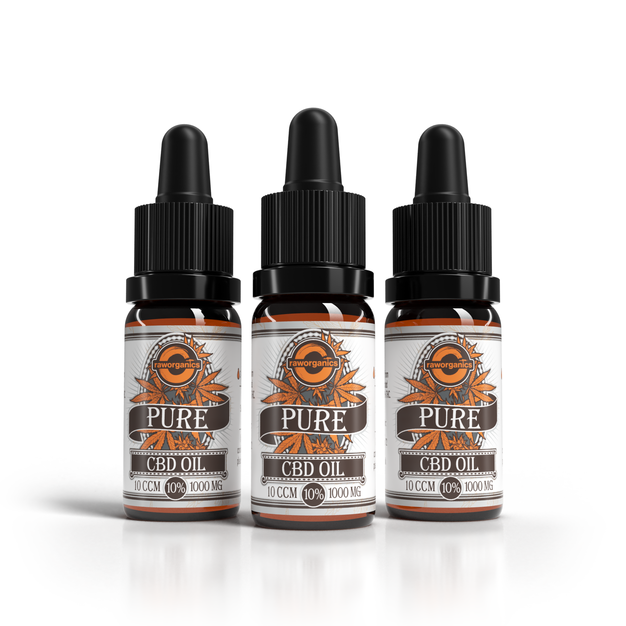 3er-Pack CBD Öl 10 % (1000 mg): drei Pure-Pipettenflaschen à 10 ml mit orangem Etikett