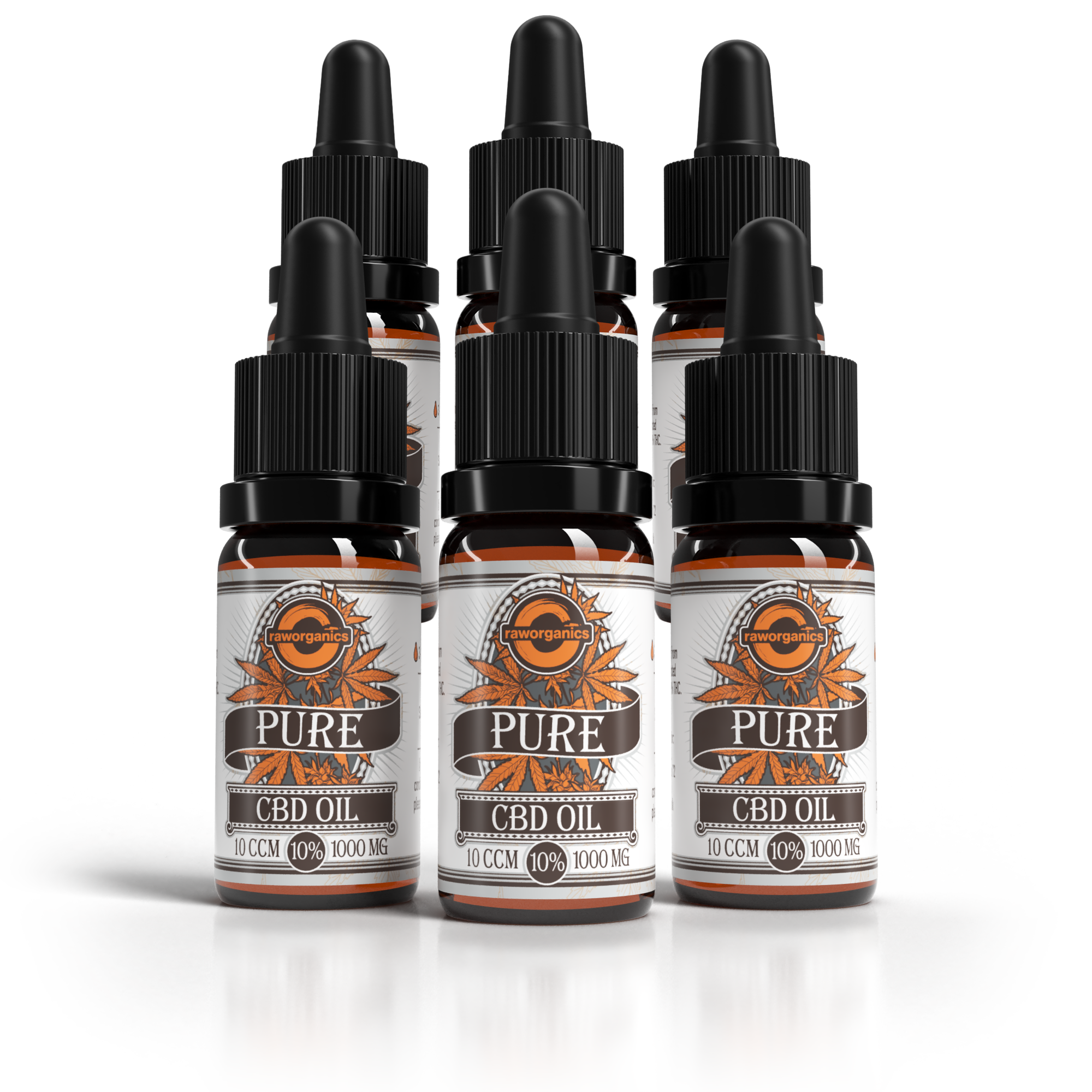 6er-Pack CBD Öl 10 % (1000 mg): sechs Pure-Pipettenflaschen à 10 ml mit orangem Etikett
