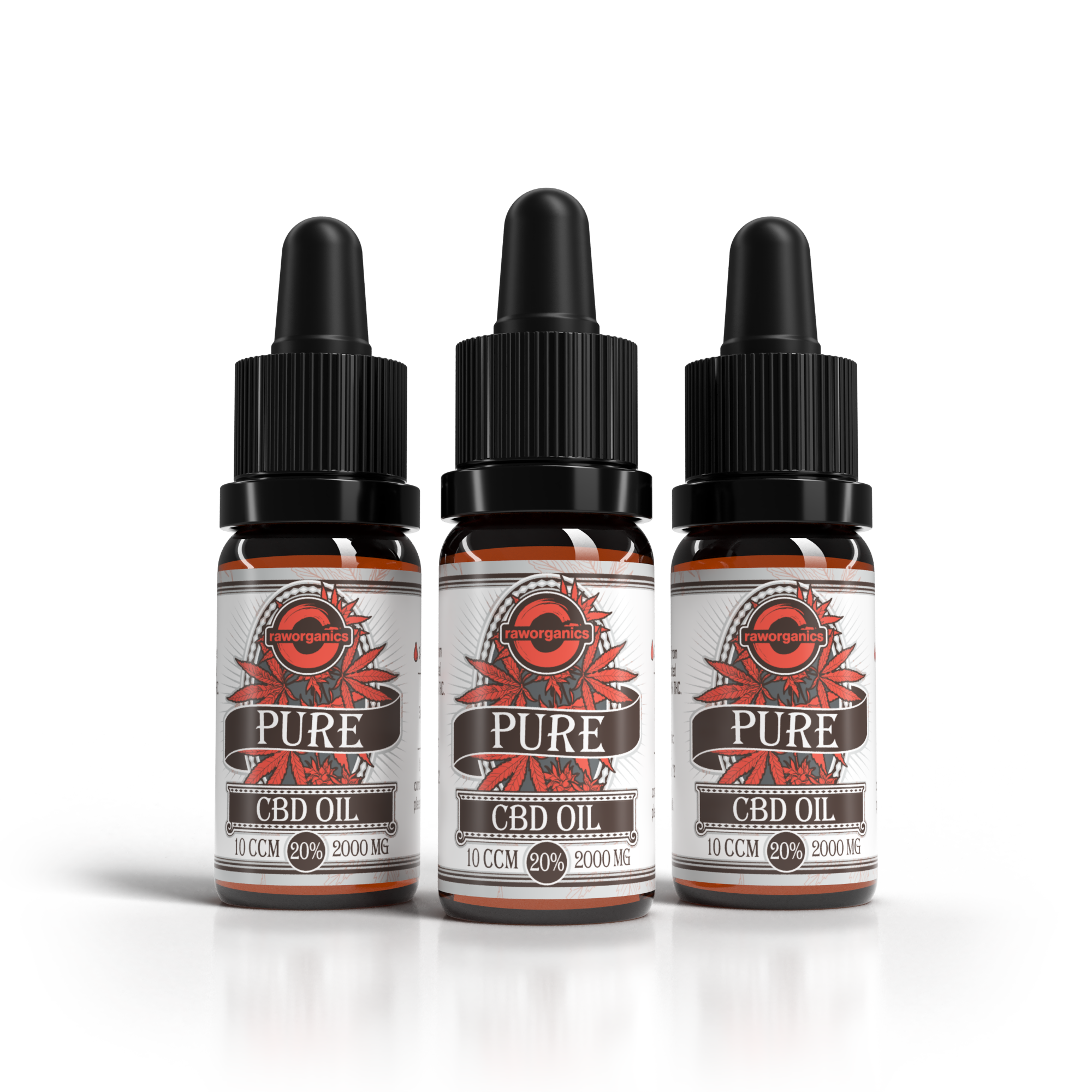 3er-Pack CBD Öl 20 % (2000 mg): drei Pure-Pipettenflaschen à 10 ml mit rotem Etikett