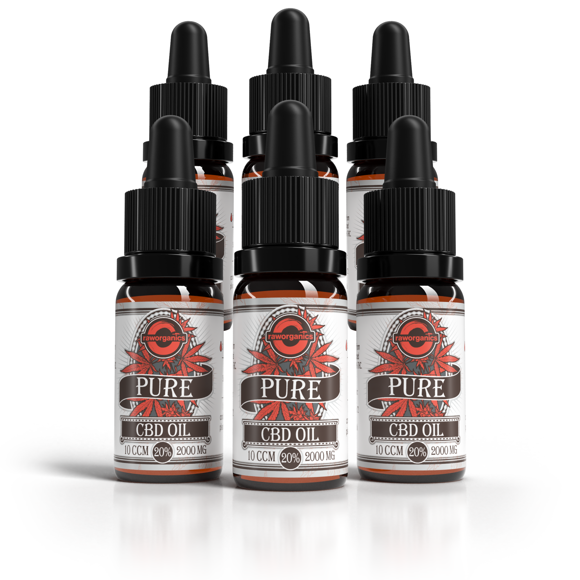 6er-Pack CBD Öl 20 % (2000 mg): sechs Pure-Pipettenflaschen à 10 ml mit rotem Etikett