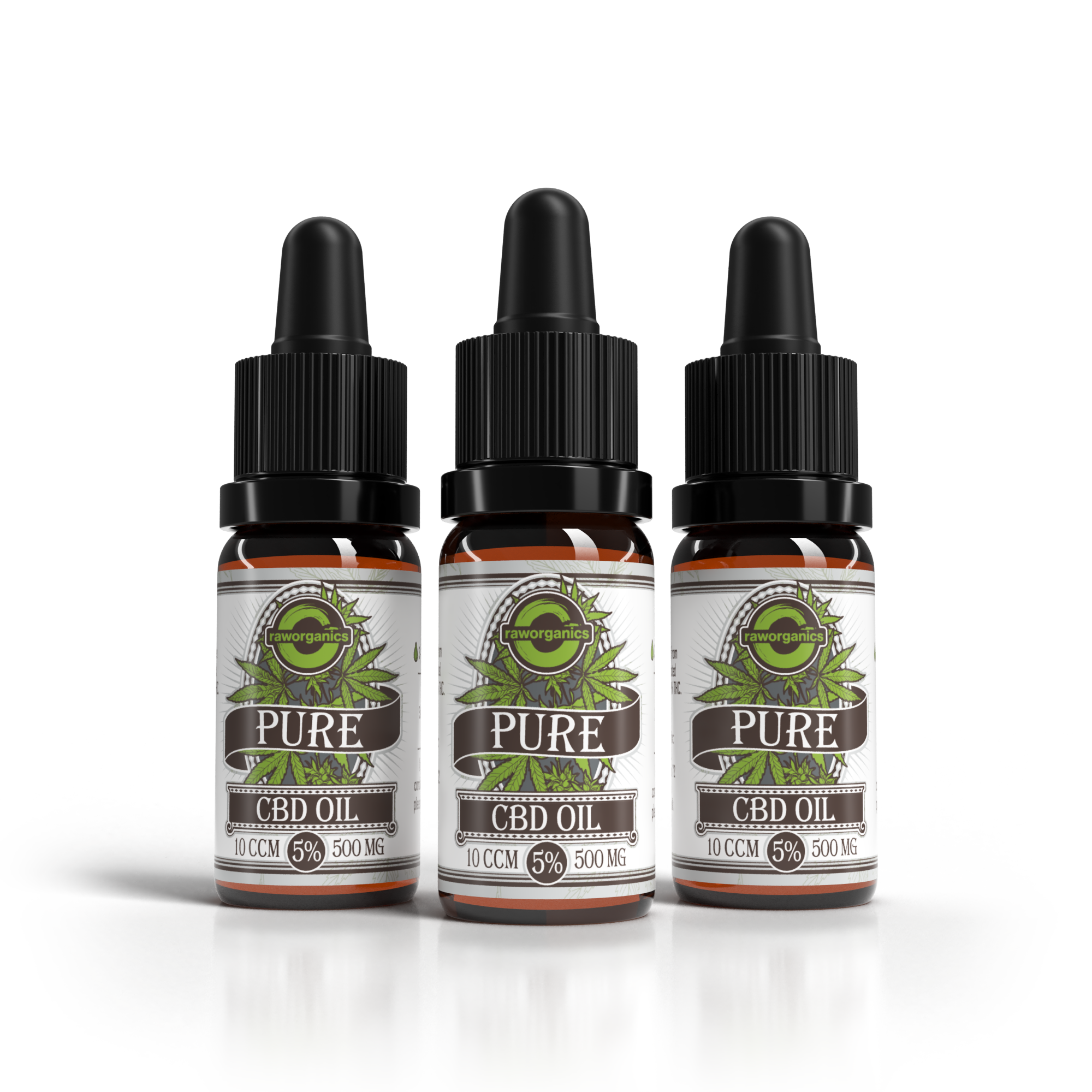 3er-Pack CBD Öl 5 % (500 mg): drei Pure-Pipettenflaschen à 10 ml mit grünem Etikett