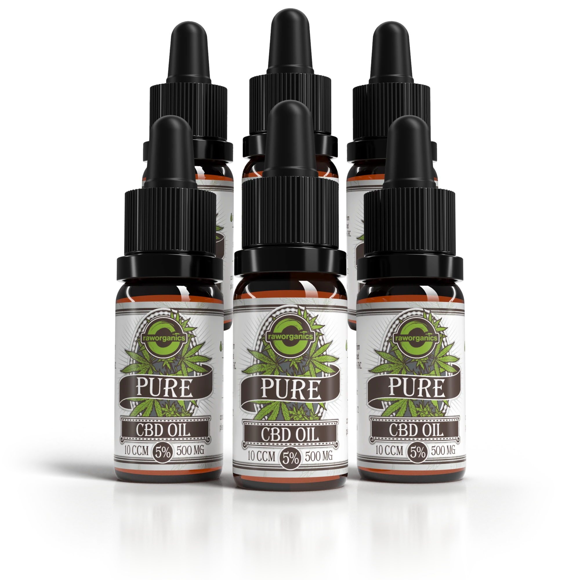 6er-Pack CBD Öl 5 % (500 mg): sechs Pure-Pipettenflaschen à 10 ml mit grünem Etikett